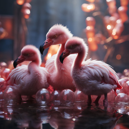Pink flamingo in the water among plastic bottles and garbage. concept: birds and pollution of nature and water bodies. illustration for the call for environmental protection.の素材