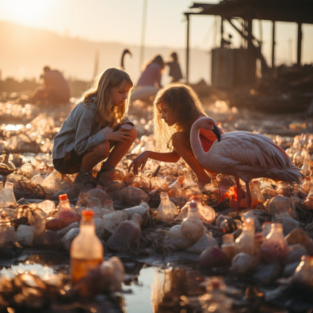 Pink flamingo in the water among plastic bottles and garbage. concept: birds and pollution of nature and water bodies. illustration for the call for environmental protection.の素材
