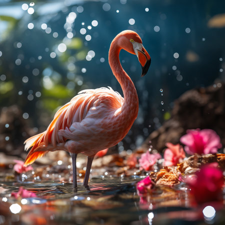 Pink flamingo in the water among plastic bottles and garbage. concept: birds and pollution of nature and water bodies. illustration for the call for environmental protection.の素材