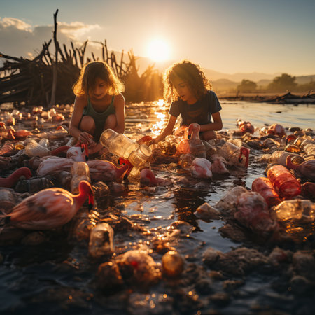 Pink flamingo in the water among plastic bottles and garbage. concept: birds and pollution of nature and water bodies. illustration for the call for environmental protection.の素材