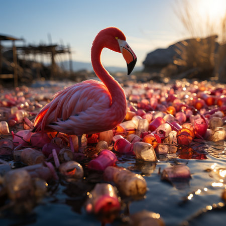 Pink flamingo in the water among plastic bottles and garbage. concept: birds and pollution of nature and water bodies. illustration for the call for environmental protection.の素材