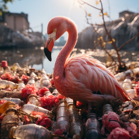 Pink flamingo in the water among plastic bottles and garbage. concept: birds and pollution of nature and water bodies. illustration for the call for environmental protection.の素材