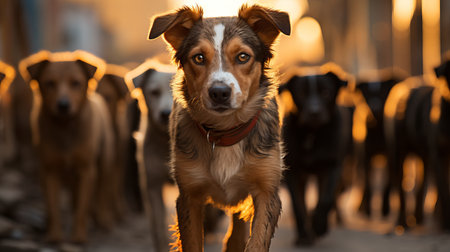The leader of the pack, a group of stray dogs, the loneliness of a dog on the streets of the city. Concept: animal protection and a call for help to the homelessの素材