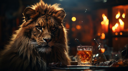 Lion with cold lemonade. Terrible predator drinking mojito and iced tea, creative representatives of the panther family businessman animal. Concept: cafe with creative advertisingの素材