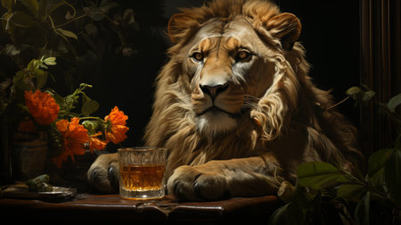 Lion with cold lemonade. Terrible predator drinking mojito and iced tea, creative representatives of the panther family businessman animal. Concept: cafe with creative advertisingの素材