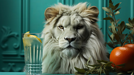 Lion with cold lemonade. Terrible predator drinking mojito and iced tea, creative representatives of the panther family businessman animal. Concept: cafe with creative advertisingの素材