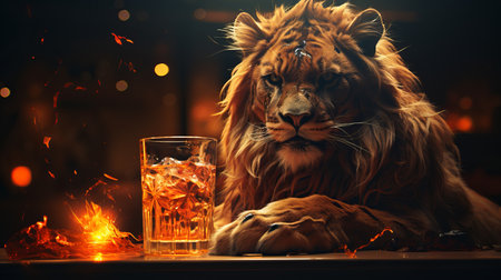Lion with cold lemonade. Terrible predator drinking mojito and iced tea, creative representatives of the panther family businessman animal. Concept: cafe with creative advertisingの素材