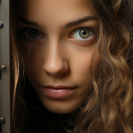 The girl peeks out from behind the shelter, beautiful eyes look from the side. observation and peeping.の素材