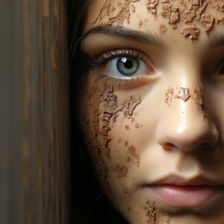 The girl peeks out from behind the shelter, beautiful eyes look from the side. observation and peeping.の素材