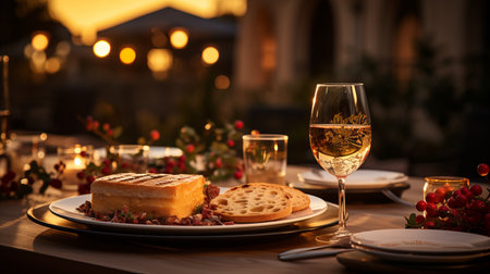 Christmas dinner table full of dishes with food and snacks. New Year's decor in the background. The table is decorated with spruce branches, lights of garlands, French Provence styの素材