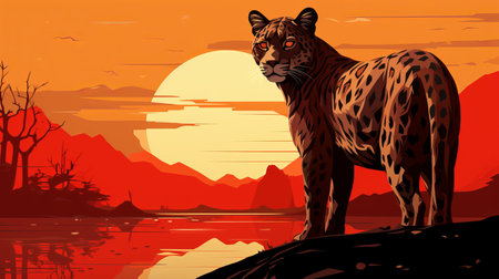 Leopard hunts against the background of the sun, minimalistic banner illustration with copy space. a kind of panther is a species of predatory mammals. Spotted dangerous animal.の素材