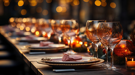 Table setting for a New Year's feast, Glasses and plates for a romantic dinner, a festive atmosphere with garlands and Christmas tree branches. Decor in the Provencal style for theの素材