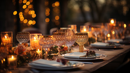 Table setting for a New Year's feast, Glasses and plates for a romantic dinner, a festive atmosphere with garlands and Christmas tree branches. Decor in the Provencal style for theの素材