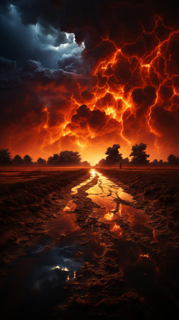 atmospheric phenomenon, lightning accompanied by thunder, rich colors, weather conditions of an impending storm. electrical discharges in the sky, Powerful cumulonimbus clouds.の素材