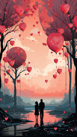 Romantic background illustration, trees decorated with pink hearts. drawing with couple on a date, banner with copy space. Concept: love and valentine's day.の素材