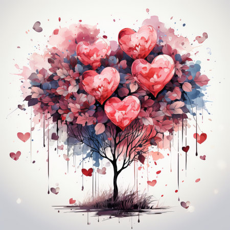 Romantic background illustration, trees decorated with pink hearts. drawing with couple on a date, banner with copy space. Concept: love and valentine's day.の素材