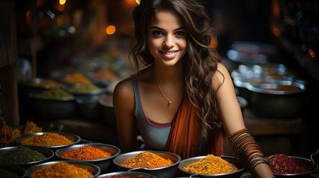 A beautiful smiling Indian girl in national dress sells spices in the market. Bright colors. Place for copy space. Concept: a woman in a sari, traveling in India, a seller in theの素材