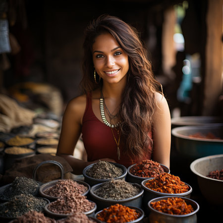 A beautiful smiling Indian girl in national dress sells spices in the market. Bright colors. Place for copy space. Concept: a woman in a sari, traveling in India, a seller in theの素材