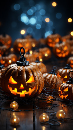 Halloween pumpkin with an evil carved muzzle in a festive interior, Witch's Night or All Saints' Eve. Vegetable jack lantern decoration. Hand crafted from food, carving for the holの素材