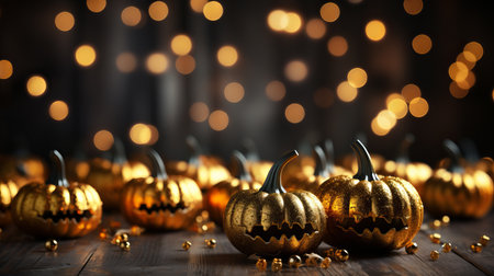 Halloween pumpkin with an evil carved muzzle in a festive interior, Witch's Night or All Saints' Eve. Vegetable jack lantern decoration. Hand crafted from food, carving for the holの素材