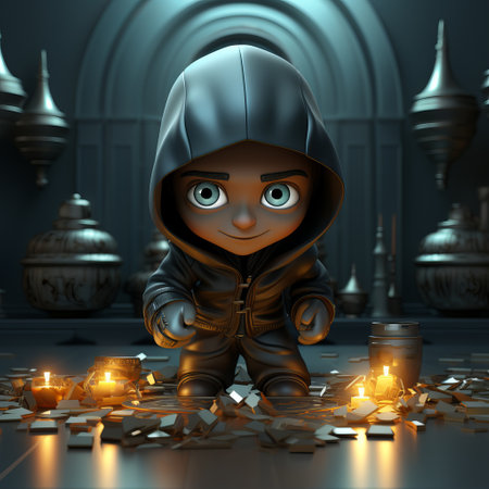 3D illustration of a thief stealing prey, a villain in motion with stolen goods. Concept: Burglary lures, stealing money and valuables.の素材