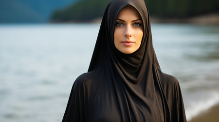 Portrait of a religious Muslim woman in a shawl, veil and veil with an open face. Beautiful girl representative of religion.の素材