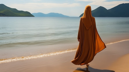 A Muslim woman in a veil or veil walks along the beach near the ocean. Tourist trip with religious restrictions. Beautiful girl representative of religion.の素材