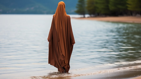 A Muslim woman in a veil or veil walks along the beach near the ocean. Tourist trip with religious restrictions. Beautiful girl representative of religion.の素材