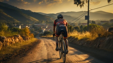 Professional cyclist on a bicycle race. Active life and fast driving. A man riding a road bike at high speed on the roadの素材