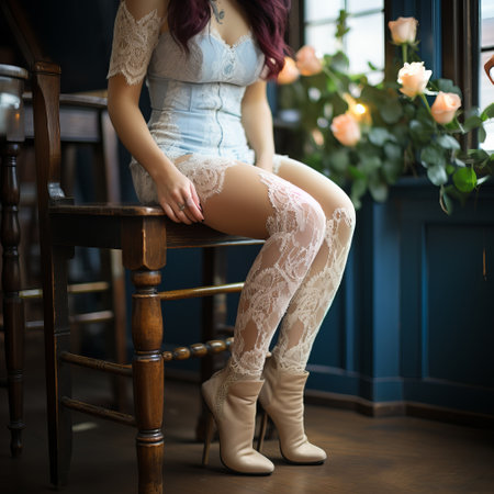 Sexy girl in lace stockings. Beautiful lingerie on a romantic woman, beautiful slender legs with a beautiful accessory. A woman is sitting on the steps.の素材