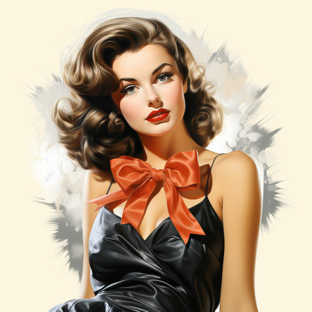 Girl in a swimsuit with a bow, summer postcard in pin-up style. Sexy black-haired woman with red lips, Concept: American dream womanの素材