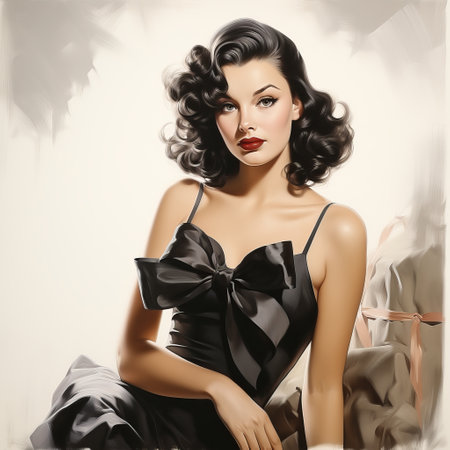Girl in a swimsuit with a bow, summer postcard in pin-up style. Sexy black-haired woman with red lips, Concept: American dream womanの素材