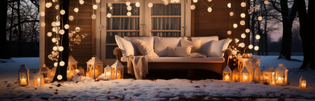 Christmas decoration of the house with garlands and balls. Decorated staircase and housing doors. beautiful outdoor decor. Concept: Holidays and weekendsの素材
