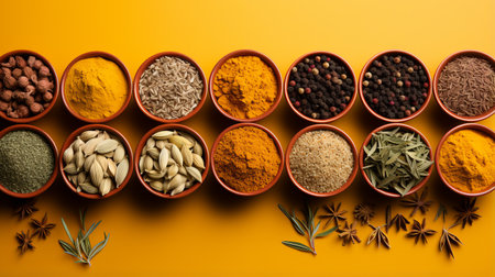 Spices and seasonings for taste. Diversity in the Indian spice market. Large selection of seasonings for cooking dishes on a yellow background with copy space.の素材