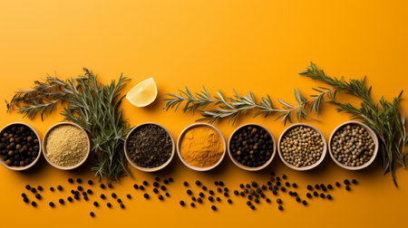 Spices and seasonings for taste. Diversity in the Indian spice market. Large selection of seasonings for cooking dishes on a yellow background with copy space.の素材