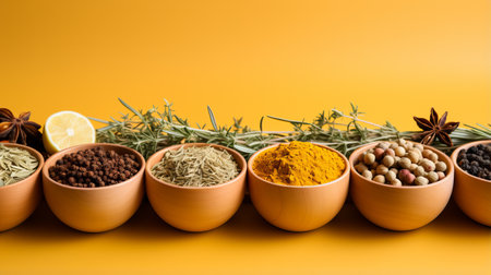 Spices and seasonings for taste. Diversity in the Indian spice market. Large selection of seasonings for cooking dishes on a yellow background with copy space.の素材
