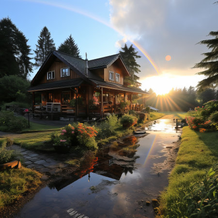 Rainbow after the rain over the house. A beautiful piece of land with flowers and paths during a rainy day.の素材