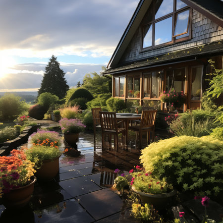 Rainbow after the rain over the house. A beautiful piece of land with flowers and paths during a rainy day.の素材