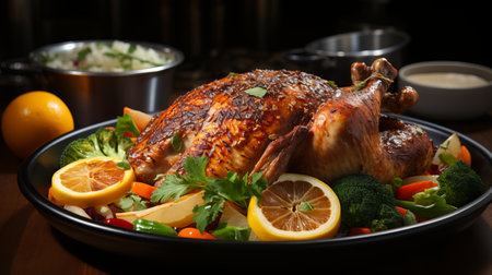 Roasted turkey with lemon and vegetables, cooked pheasant with golden fried crust. A traditional Thanksgiving dish in America. Protein high-calorie foodの素材