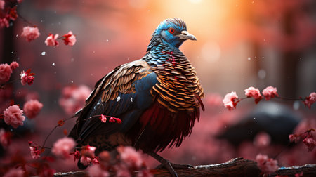 Turkey on a blurred background. Place for text, banner with bird, traditionally American bird for Thanksgiving day, symbol of festive feast. Generative AIの素材