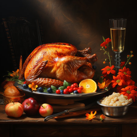 cooked pheasant with a golden fried crust. Baked turkey with lemon and vegetables, A traditional Thanksgiving dish in America. Protein high-calorie food.の素材