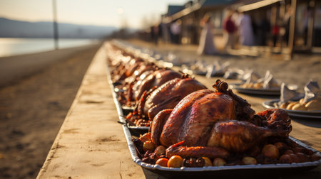 cooked pheasant with a golden fried crust. Baked turkey with lemon and vegetables, A traditional Thanksgiving dish in America. Protein high-calorie food.の素材