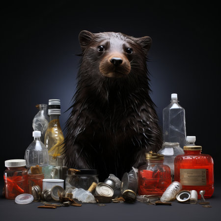 fur seals in the water among plastic bottles and garbage, concept: pollution of nature and water bodies. Danger of plastic for animals and birds. Illustration, Generative AIの素材