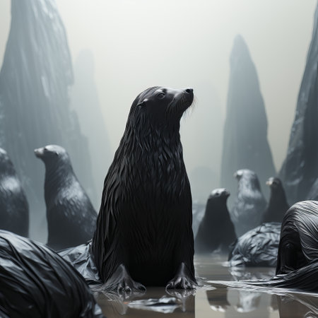 fur seals in the water among plastic bottles and garbage, concept: pollution of nature and water bodies. Danger of plastic for animals and birds. Illustration, Generative AIの素材