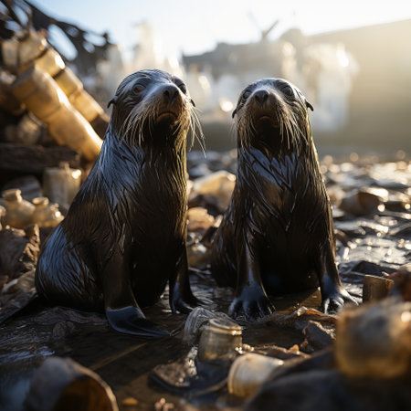 fur seals in the water among plastic bottles and garbage, concept: pollution of nature and water bodies. Danger of plastic for animals and birds. Illustration, Generative AIの素材