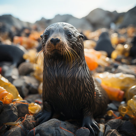 fur seals in the water among plastic bottles and garbage, concept: pollution of nature and water bodies. Danger of plastic for animals and birds. Illustration, Generative AIの素材