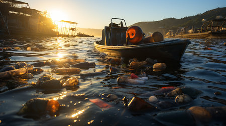 fur seals in the water among plastic bottles and garbage, concept: pollution of nature and water bodies. Danger of plastic for animals and birds. Illustration, Generative AIの素材