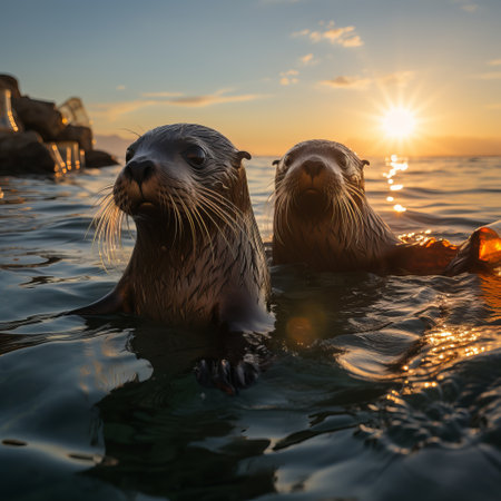 fur seals in the water among plastic bottles and garbage, concept: pollution of nature and water bodies. Danger of plastic for animals and birds. Illustration, Generative AIの素材