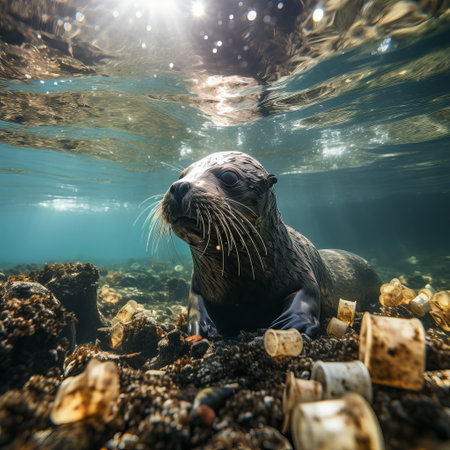 fur seals in the water among plastic bottles and garbage, concept: pollution of nature and water bodies. Danger of plastic for animals and birds. Illustration, Generative AIの素材