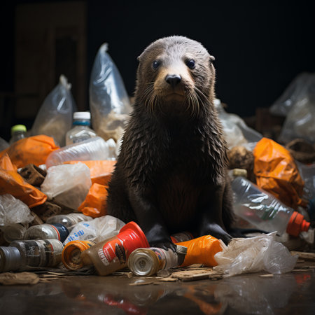 fur seals in the water among plastic bottles and garbage, concept: pollution of nature and water bodies. Danger of plastic for animals and birds. Illustration, Generative AIの素材